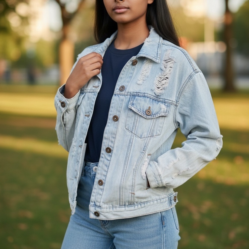 Wild Fable Extreme Distressed Light Blue Jean Jacket Size M
